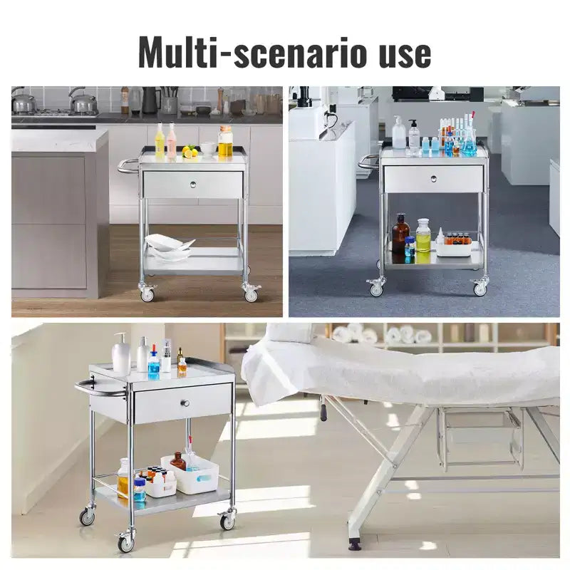 Carrello medico VEVOR, carrello a 2 ripiani in acciaio inox con capacità di carico di 100 kg, carrello di servizio da laboratorio con ruote silenziose a 360° e cassetto