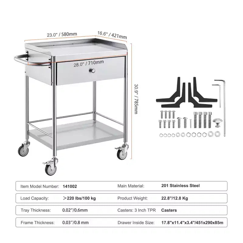 Carrello medico VEVOR, carrello a 2 ripiani in acciaio inox con capacità di carico di 100 kg, carrello di servizio da laboratorio con ruote silenziose a 360° e cassetto