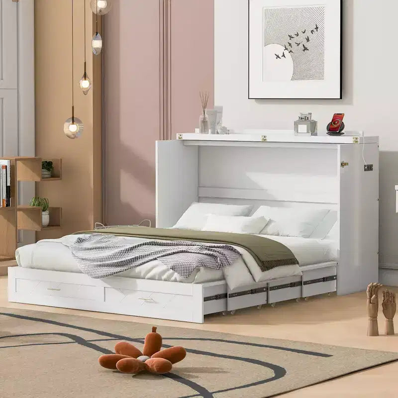 Letto a scomparsa matrimoniale Whisen Clever Design, ripiegabile in un armadio con cassetto e porte USB