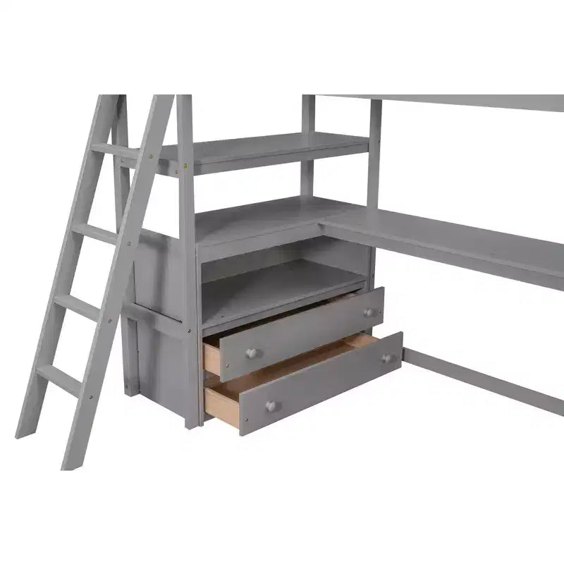 Letto a soppalco a due piazze/una piazza e mezza con scrivania e mensole, struttura in legno di pino con due cassetti integrati - ModernLuxe