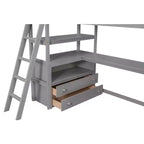 Letto a soppalco a due piazze/una piazza e mezza con scrivania e mensole, struttura in legno di pino con due cassetti integrati - ModernLuxe