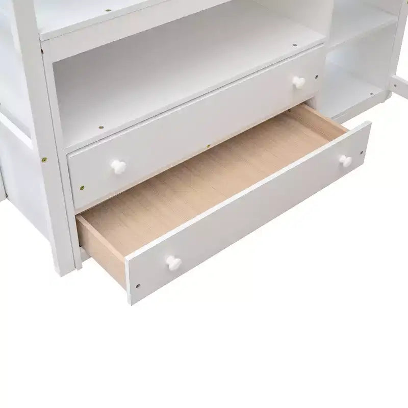 Letto a soppalco a due piazze/una piazza e mezza con scrivania e mensole, struttura in legno di pino con due cassetti integrati - ModernLuxe
