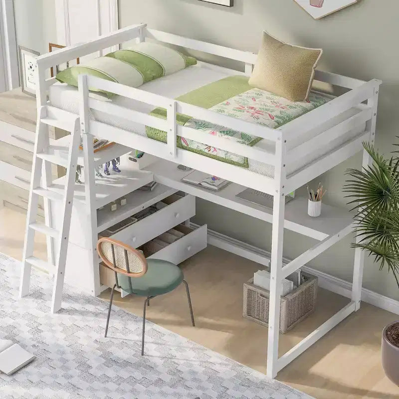 Letto a soppalco a due piazze/una piazza e mezza con scrivania e mensole, struttura in legno di pino con due cassetti integrati - ModernLuxe