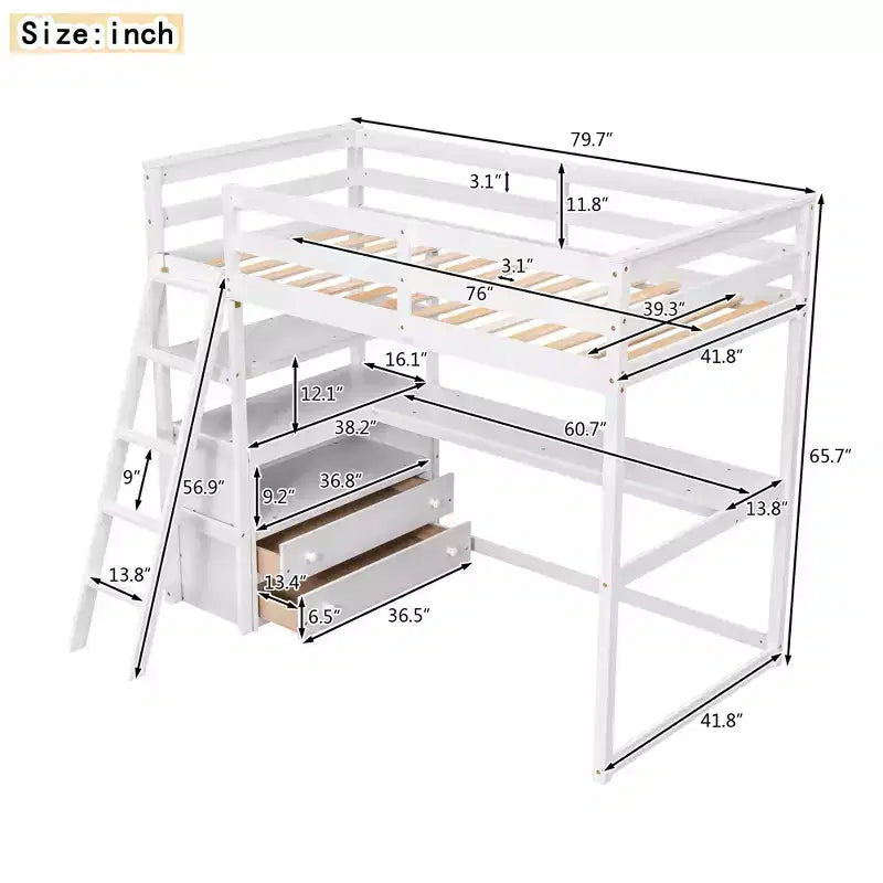 Letto a soppalco a due piazze/una piazza e mezza con scrivania e mensole, struttura in legno di pino con due cassetti integrati - ModernLuxe