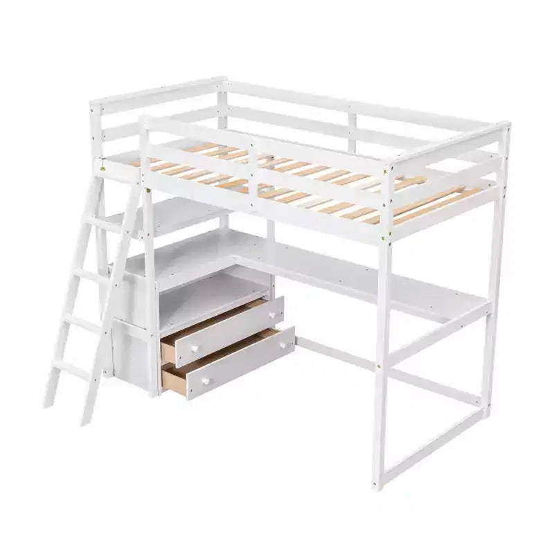 Letto a soppalco a due piazze/una piazza e mezza con scrivania e mensole, struttura in legno di pino con due cassetti integrati - ModernLuxe