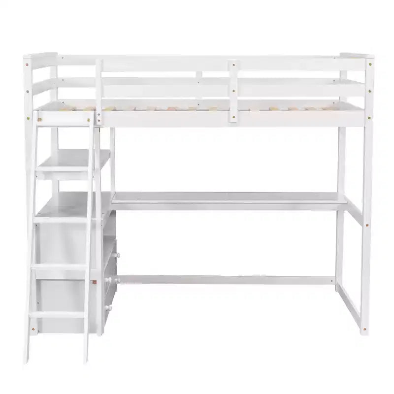 Letto a soppalco a due piazze/una piazza e mezza con scrivania e mensole, struttura in legno di pino con due cassetti integrati - ModernLuxe