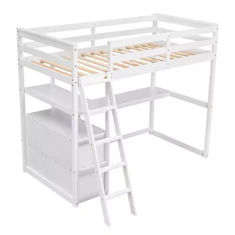 Letto a soppalco a due piazze/una piazza e mezza con scrivania e mensole, struttura in legno di pino con due cassetti integrati - ModernLuxe