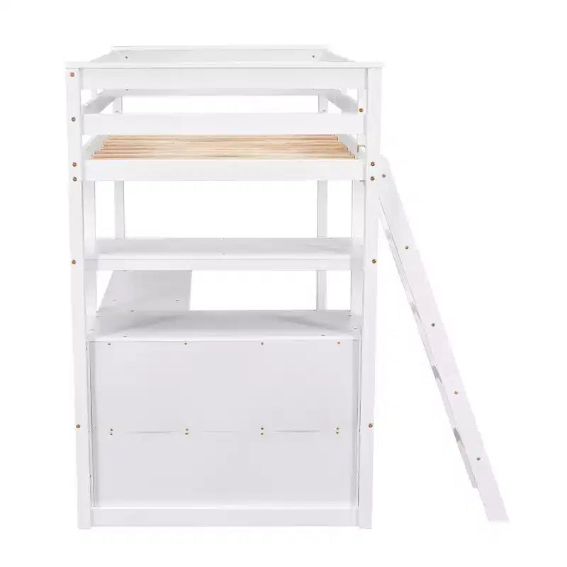 Letto a soppalco a due piazze/una piazza e mezza con scrivania e mensole, struttura in legno di pino con due cassetti integrati - ModernLuxe