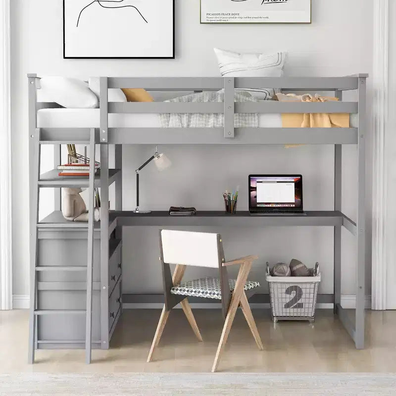 Letto a soppalco a due piazze/una piazza e mezza con scrivania e mensole, struttura in legno di pino con due cassetti integrati - ModernLuxe