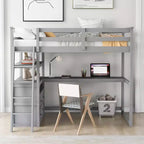 Letto a soppalco a due piazze/una piazza e mezza con scrivania e mensole, struttura in legno di pino con due cassetti integrati - ModernLuxe