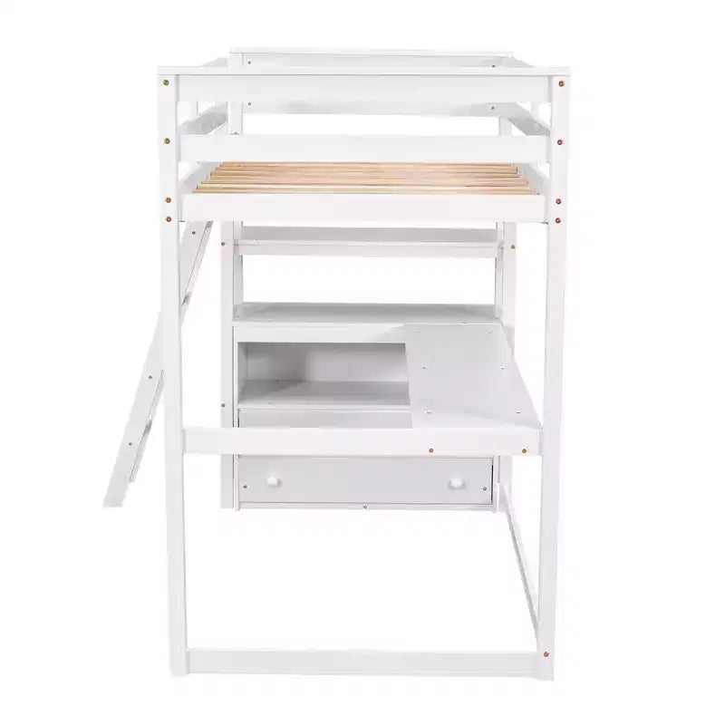 Letto a soppalco a due piazze/una piazza e mezza con scrivania e mensole, struttura in legno di pino con due cassetti integrati - ModernLuxe