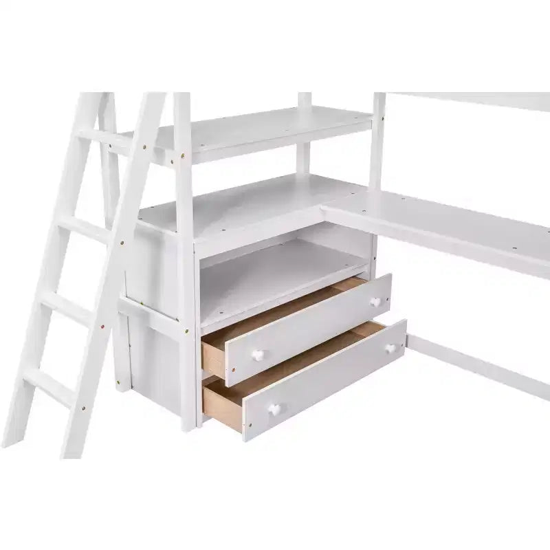 Letto a soppalco a due piazze/una piazza e mezza con scrivania e mensole, struttura in legno di pino con due cassetti integrati - ModernLuxe