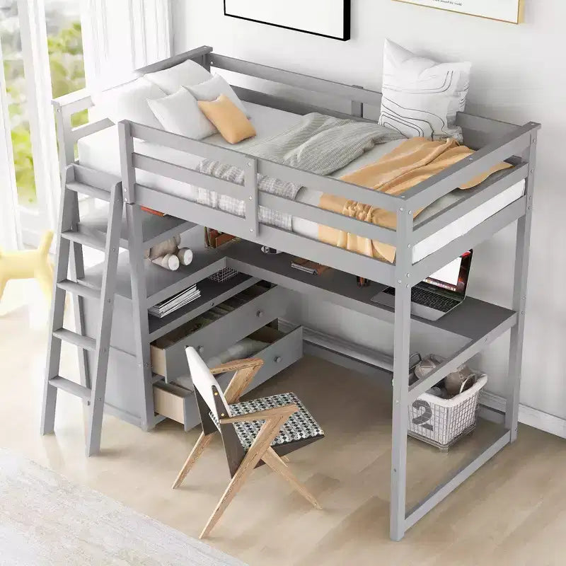 Letto a soppalco a due piazze/una piazza e mezza con scrivania e mensole, struttura in legno di pino con due cassetti integrati - ModernLuxe