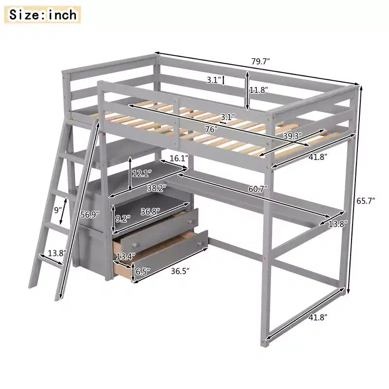 Letto a soppalco a due piazze/una piazza e mezza con scrivania e mensole, struttura in legno di pino con due cassetti integrati - ModernLuxe