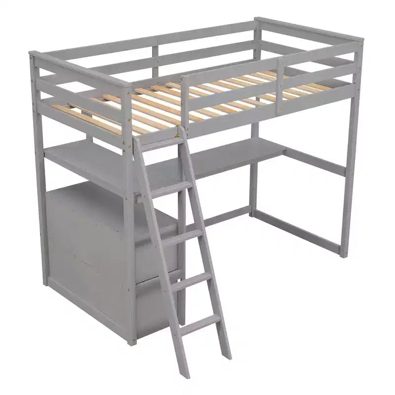 Letto a soppalco a due piazze/una piazza e mezza con scrivania e mensole, struttura in legno di pino con due cassetti integrati - ModernLuxe