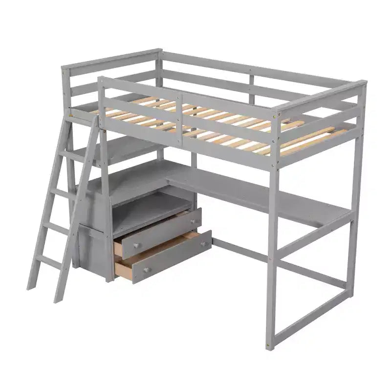 Letto a soppalco a due piazze/una piazza e mezza con scrivania e mensole, struttura in legno di pino con due cassetti integrati - ModernLuxe