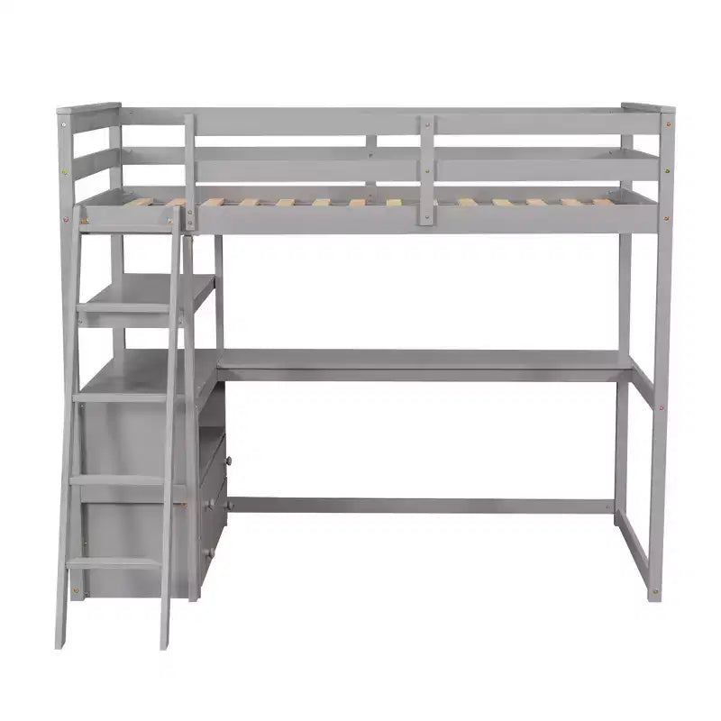 Letto a soppalco a due piazze/una piazza e mezza con scrivania e mensole, struttura in legno di pino con due cassetti integrati - ModernLuxe