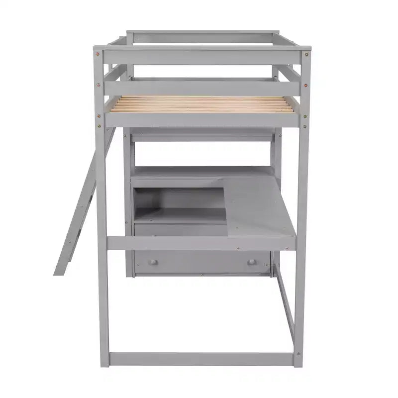 Letto a soppalco a due piazze/una piazza e mezza con scrivania e mensole, struttura in legno di pino con due cassetti integrati - ModernLuxe