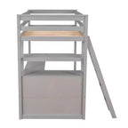 Letto a soppalco a due piazze/una piazza e mezza con scrivania e mensole, struttura in legno di pino con due cassetti integrati - ModernLuxe