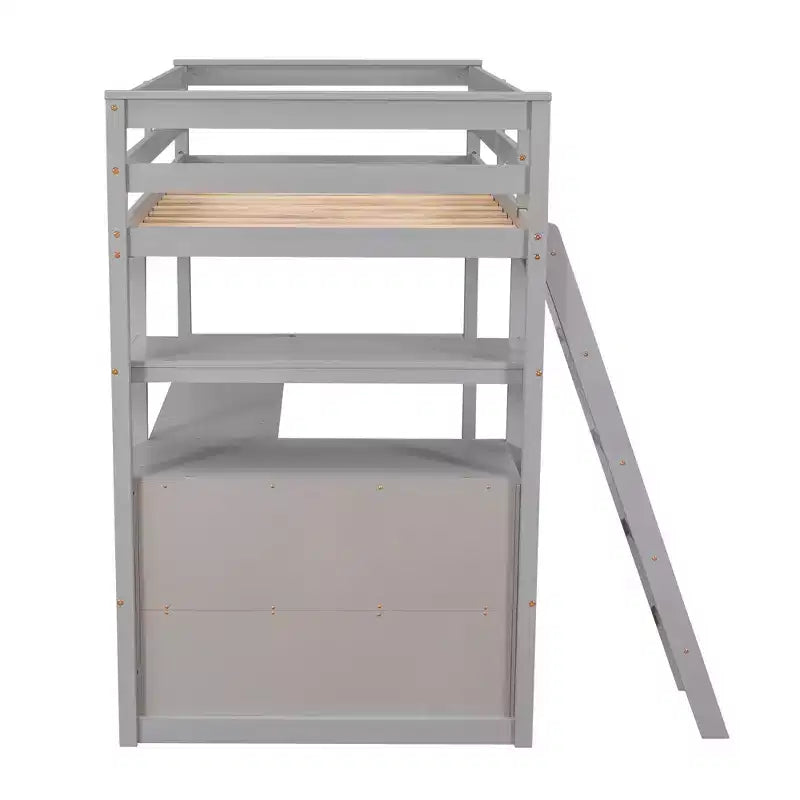 Letto a soppalco a due piazze/una piazza e mezza con scrivania e mensole, struttura in legno di pino con due cassetti integrati - ModernLuxe