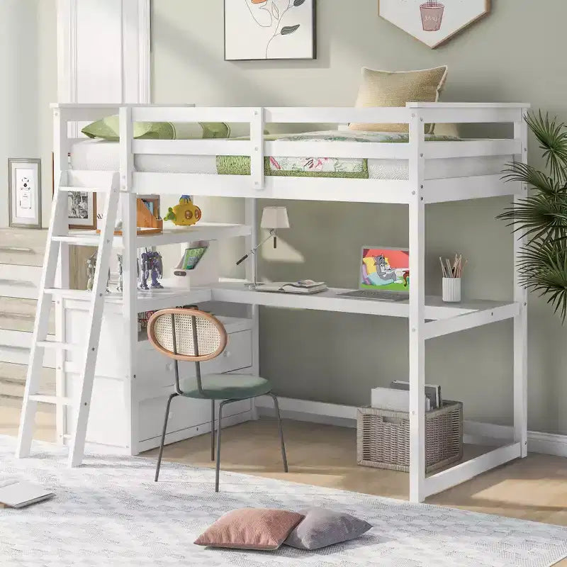 Letto a soppalco a due piazze/una piazza e mezza con scrivania e mensole, struttura in legno di pino con due cassetti integrati - ModernLuxe