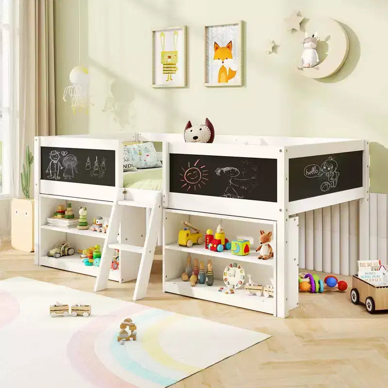 Costway Letto a soppalco basso una piazza con scala a rampa e librerie, sponda di sicurezza a tutta lunghezza Bianco/Grigio