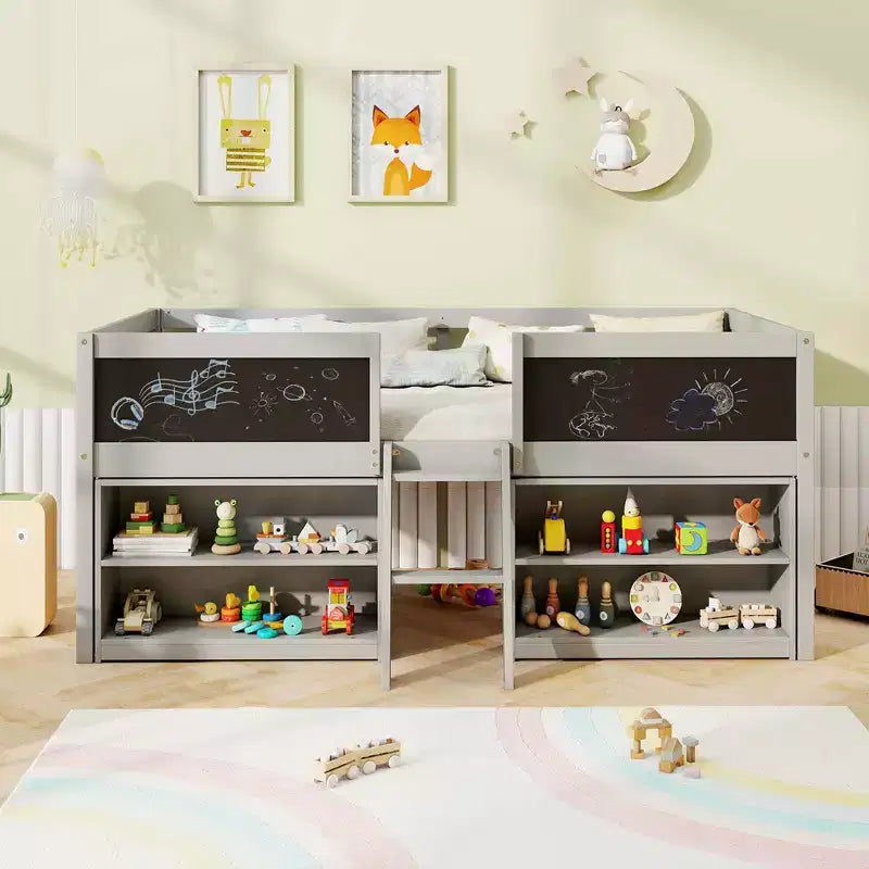 Costway Letto a soppalco basso una piazza con scala a rampa e librerie, sponda di sicurezza a tutta lunghezza Bianco/Grigio