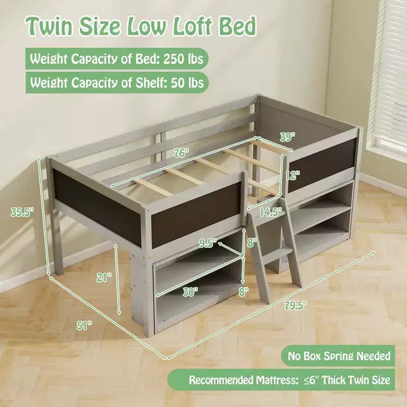 Costway Letto a soppalco basso una piazza con scala a rampa e librerie, sponda di sicurezza a tutta lunghezza Bianco/Grigio