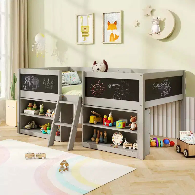 Costway Letto a soppalco basso una piazza con scala a rampa e librerie, sponda di sicurezza a tutta lunghezza Bianco/Grigio