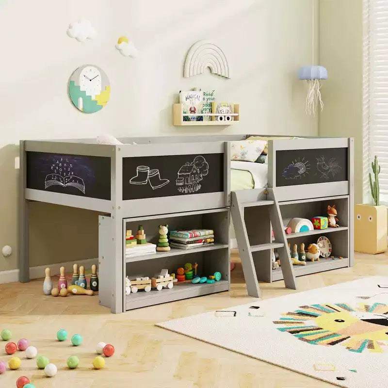 Costway Letto a soppalco basso una piazza con scala a rampa e librerie, sponda di sicurezza a tutta lunghezza Bianco/Grigio