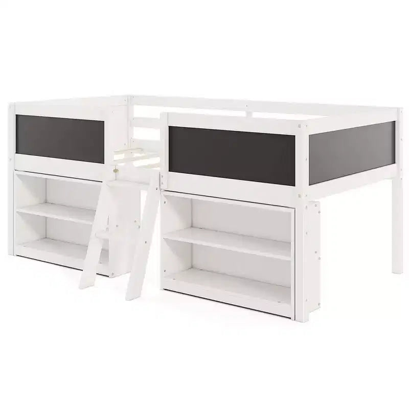 Costway Letto a soppalco basso una piazza con scala a rampa e librerie, sponda di sicurezza a tutta lunghezza Bianco/Grigio