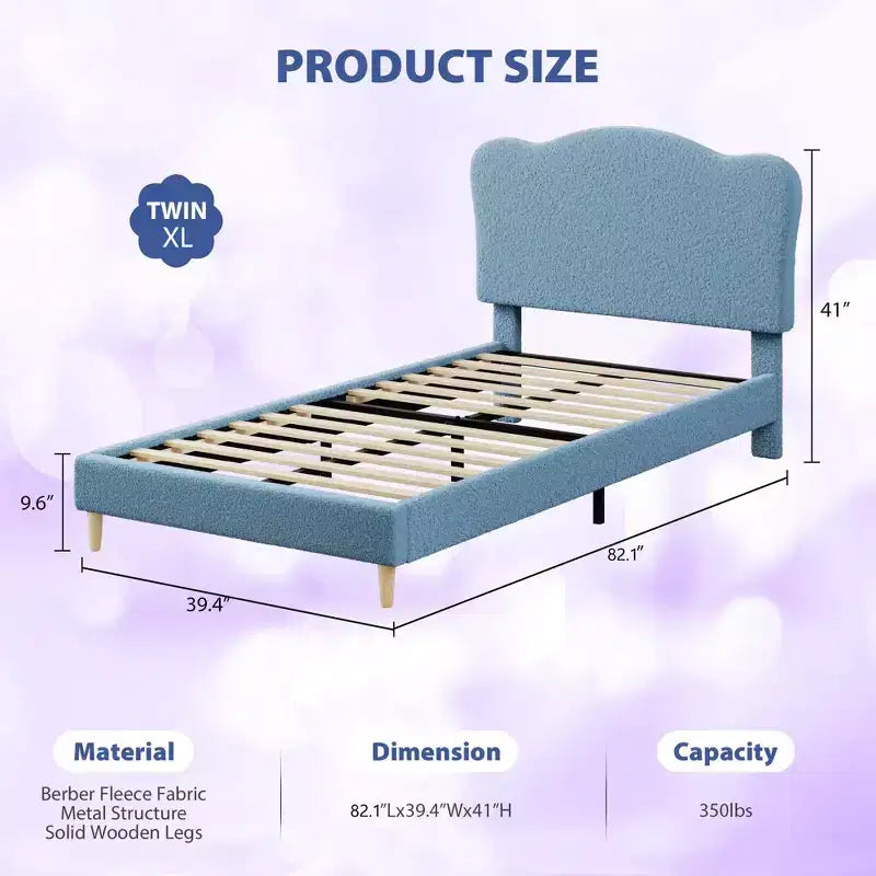 Struttura Letto per Bambini con Testiera a Scollature, Grazioso Letto Singolo in Velluto per Bambine e Bambini, Robusto Letto a Piattaforma, Nessuna Molla Richiesta, Doghe in Legno, Silenzioso