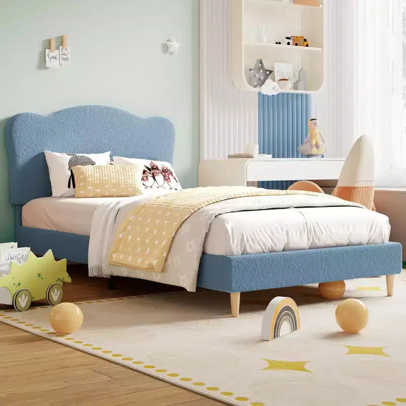 Struttura Letto per Bambini con Testiera a Scollature, Grazioso Letto Singolo in Velluto per Bambine e Bambini, Robusto Letto a Piattaforma, Nessuna Molla Richiesta, Doghe in Legno, Silenzioso