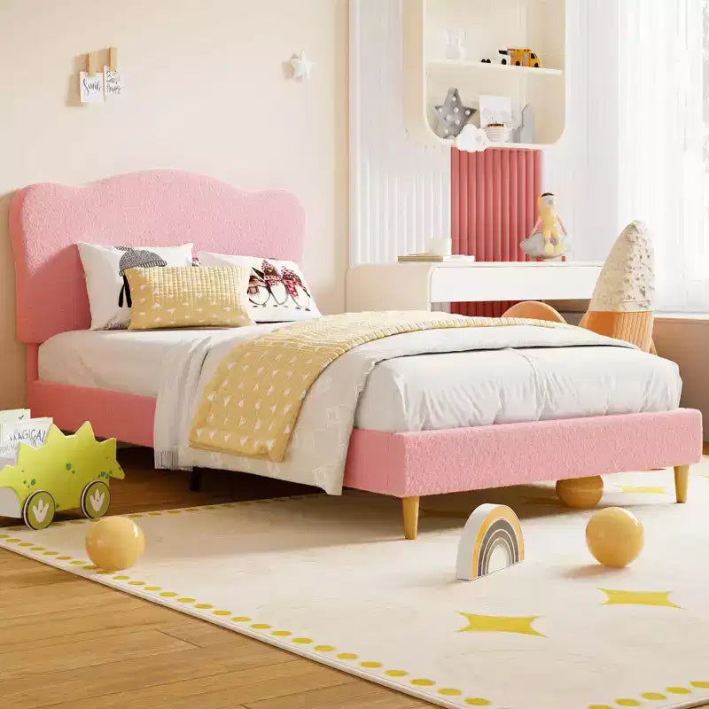 Struttura Letto per Bambini con Testiera a Scollature, Grazioso Letto Singolo in Velluto per Bambine e Bambini, Robusto Letto a Piattaforma, Nessuna Molla Richiesta, Doghe in Legno, Silenzioso