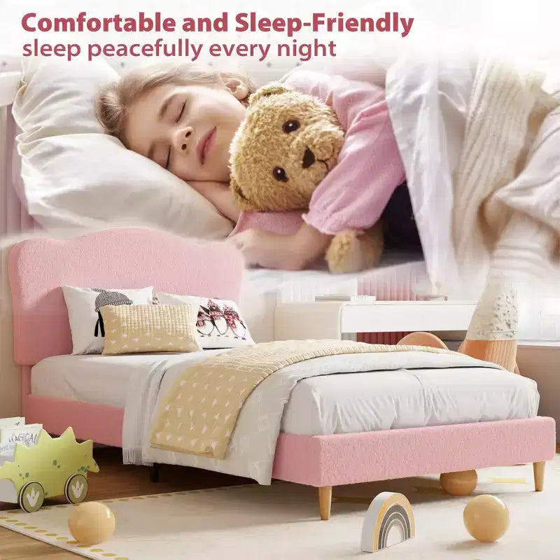 Struttura Letto per Bambini con Testiera a Scollature, Grazioso Letto Singolo in Velluto per Bambine e Bambini, Robusto Letto a Piattaforma, Nessuna Molla Richiesta, Doghe in Legno, Silenzioso