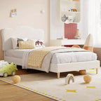 Struttura Letto per Bambini con Testiera a Scollature, Grazioso Letto Singolo in Velluto per Bambine e Bambini, Robusto Letto a Piattaforma, Nessuna Molla Richiesta, Doghe in Legno, Silenzioso