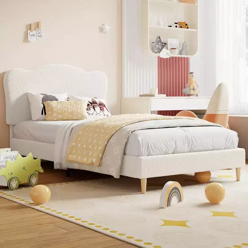 Struttura Letto per Bambini con Testiera a Scollature, Grazioso Letto Singolo in Velluto per Bambine e Bambini, Robusto Letto a Piattaforma, Nessuna Molla Richiesta, Doghe in Legno, Silenzioso