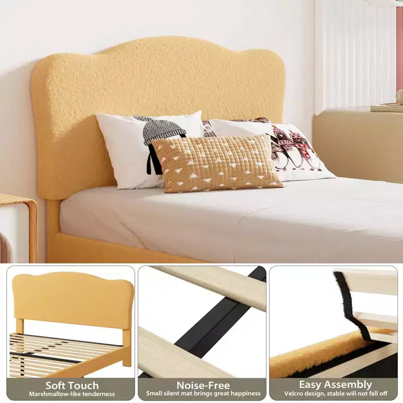 Struttura Letto per Bambini con Testiera a Scollature, Grazioso Letto Singolo in Velluto per Bambine e Bambini, Robusto Letto a Piattaforma, Nessuna Molla Richiesta, Doghe in Legno, Silenzioso