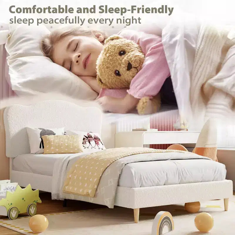 Struttura Letto per Bambini con Testiera a Scollature, Grazioso Letto Singolo in Velluto per Bambine e Bambini, Robusto Letto a Piattaforma, Nessuna Molla Richiesta, Doghe in Legno, Silenzioso