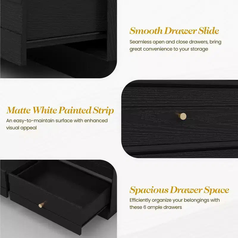 Heynemo Comò a 6 cassetti, cassettiere moderne con manopole in cristallo e striscia verniciata, per camera da letto, soggiorno, corridoio, armadio
