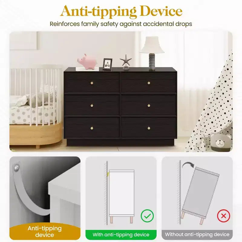 Heynemo Comò a 6 cassetti, cassettiere moderne con manopole in cristallo e striscia verniciata, per camera da letto, soggiorno, corridoio, armadio