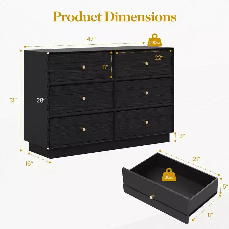 Heynemo Comò a 6 cassetti, cassettiere moderne con manopole in cristallo e striscia verniciata, per camera da letto, soggiorno, corridoio, armadio