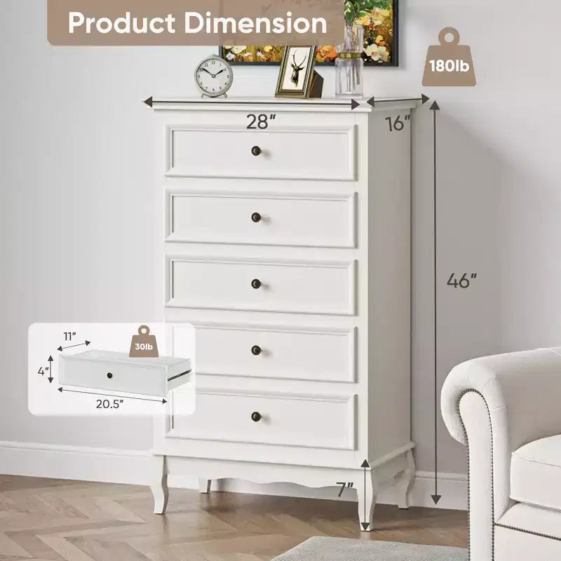 Cassettiera Heynemo per camera da letto, cassettiera moderna a 5 cassetti con gambe in legno massello e finitura verniciata, ideale per soggiorno, cameretta, corridoio, ingresso,