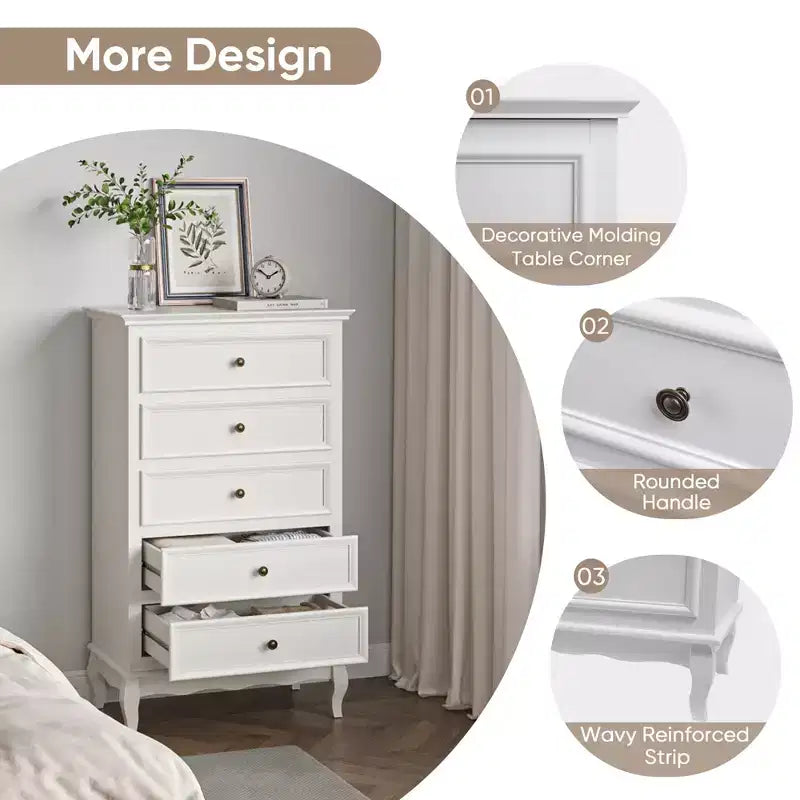Cassettiera Heynemo per camera da letto, cassettiera moderna a 5 cassetti con gambe in legno massello e finitura verniciata, ideale per soggiorno, cameretta, corridoio, ingresso,