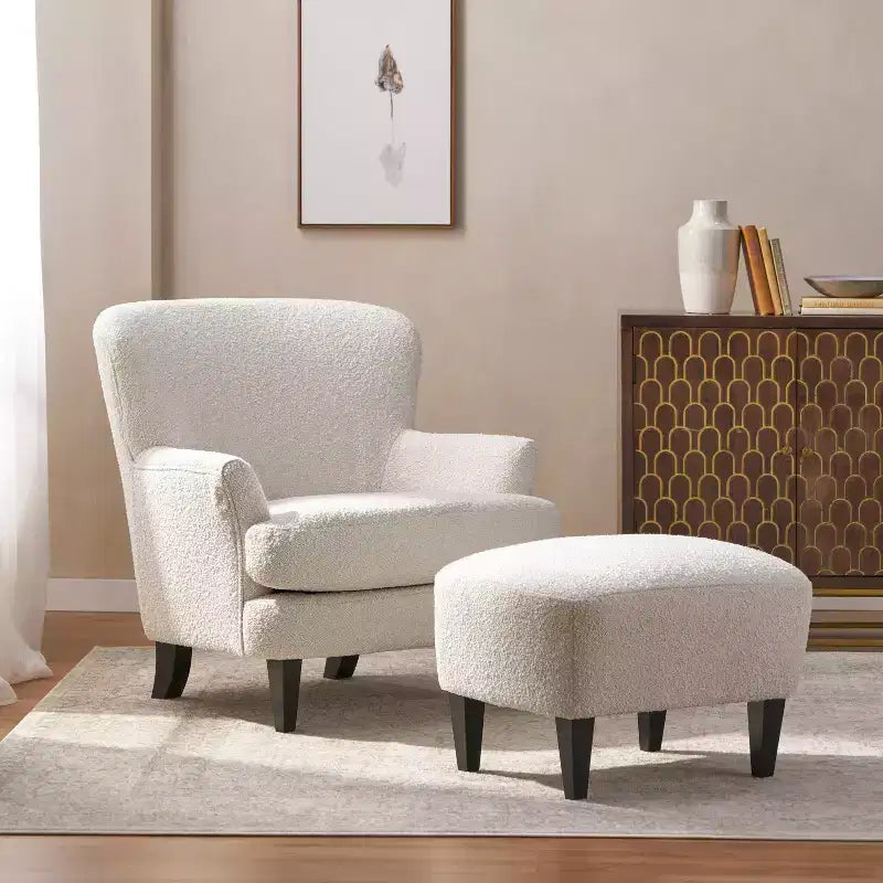 Christopher Knight Home Gerald Set Sedia e Pouf Club Contemporanei Rivestiti in Bouclé