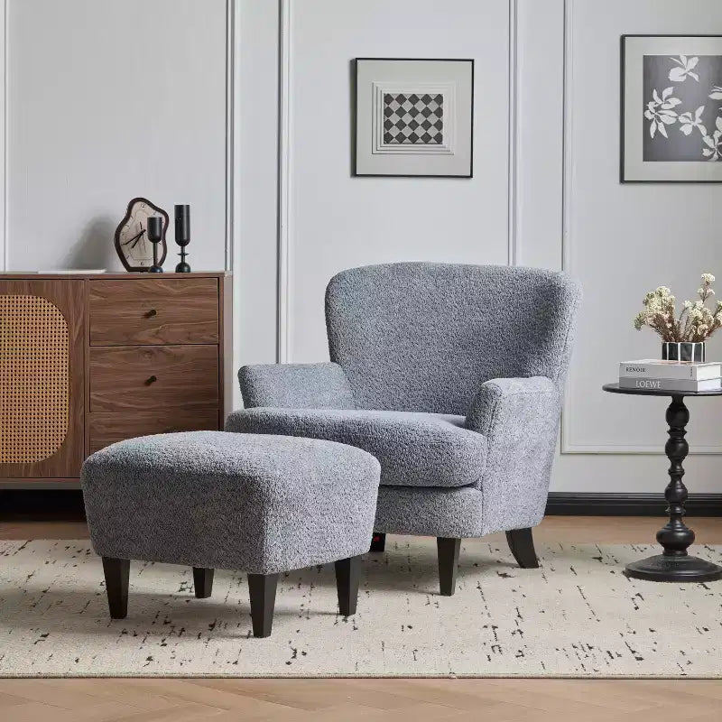Christopher Knight Home Gerald Set Sedia e Pouf Club Contemporanei Rivestiti in Bouclé
