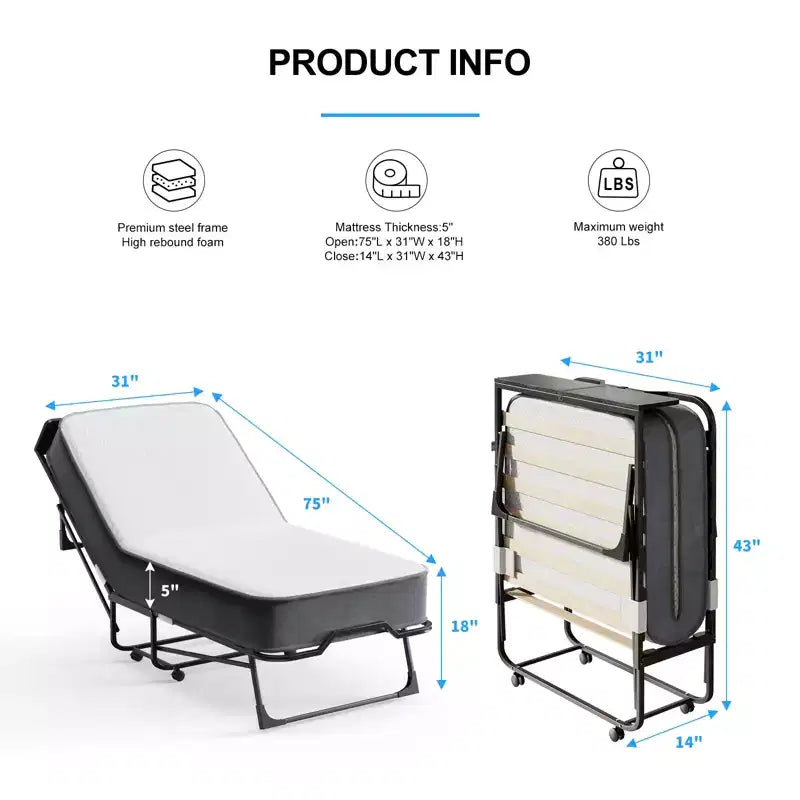 Mjkone Letto Pieghevole per Adulti con Materasso in Memory Foam Rete a Doghe in Legno,Con copertura antipolvere,75*32