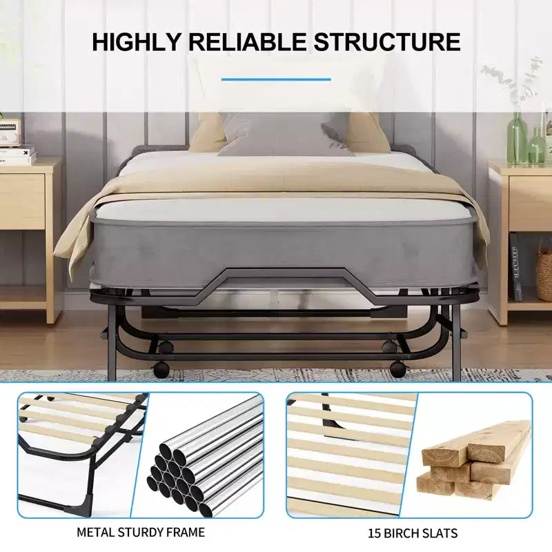 Mjkone Letto Pieghevole per Adulti con Materasso in Memory Foam Rete a Doghe in Legno,Con copertura antipolvere,75*32