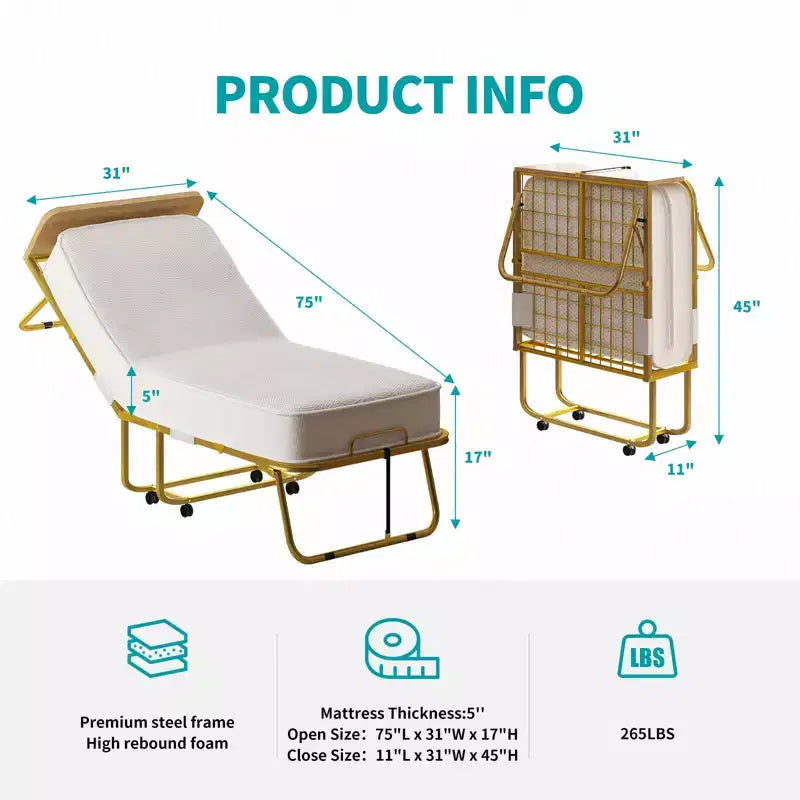 Mjkone Letto Pieghevole con Materasso per Adulti, Materasso in Memory Foam, Letto Pieghevole Portatile con Borsa Antipolvere e Deflettore, Letto Pieghevole per Ospiti