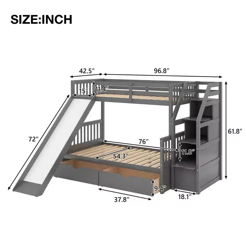 Letto a castello Whisen Twin over Full con cassetti, contenitore e scivolo, multifunzione